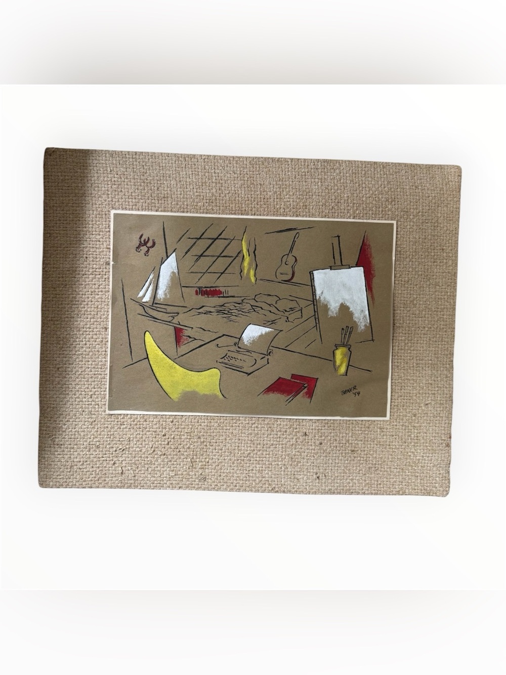 Original MCM Abstract Studio Scene Wall Art Print in Yellow, Red, White